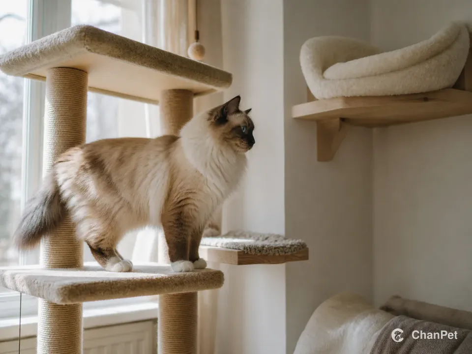 A blue-eyed colorpoint Ragdoll standing on an apartment cat tree beside wall shelves and a soft resting area