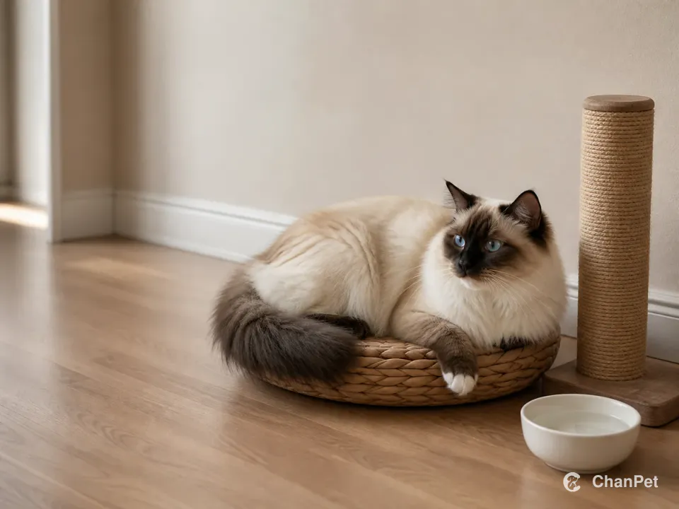 一只成年重点色布偶猫躺在安静房间的编织猫窝里，旁边有抓挠柱和清水碗。