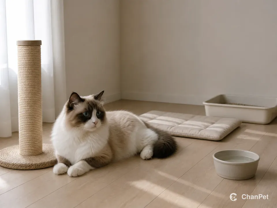 A Ragdoll rests beside a stable scratching post, washable mat, water bowl and litter tray.
