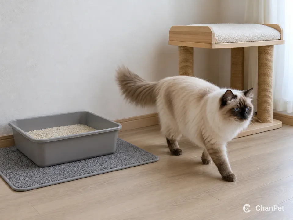 A blue-eyed colorpoint Ragdoll walks past a clean open litter tray toward a wide platform on a cat tree.