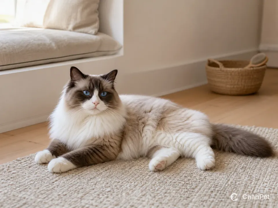A Ragdoll resting quietly on a clean indoor rug, with an untouched grooming basket nearby