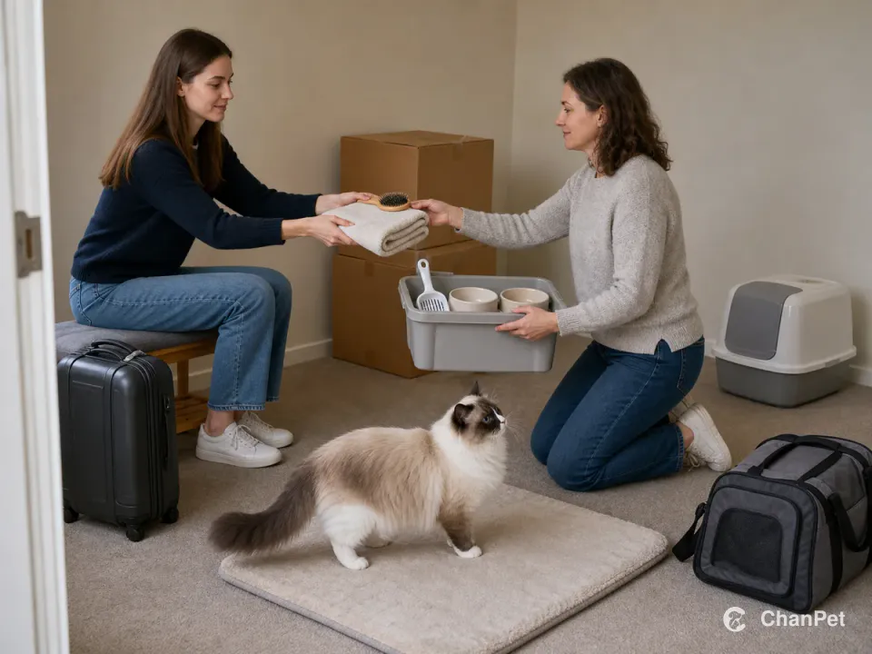 Beside moving boxes, a student hands a familiar blanket and brush to a backup carer while a Ragdoll stands on its mat.