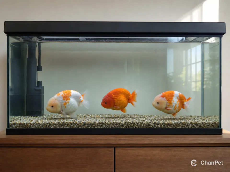 Three dorsal-finless ranchu goldfish swim in a large lidded freshwater aquarium on a sturdy indoor cabinet.