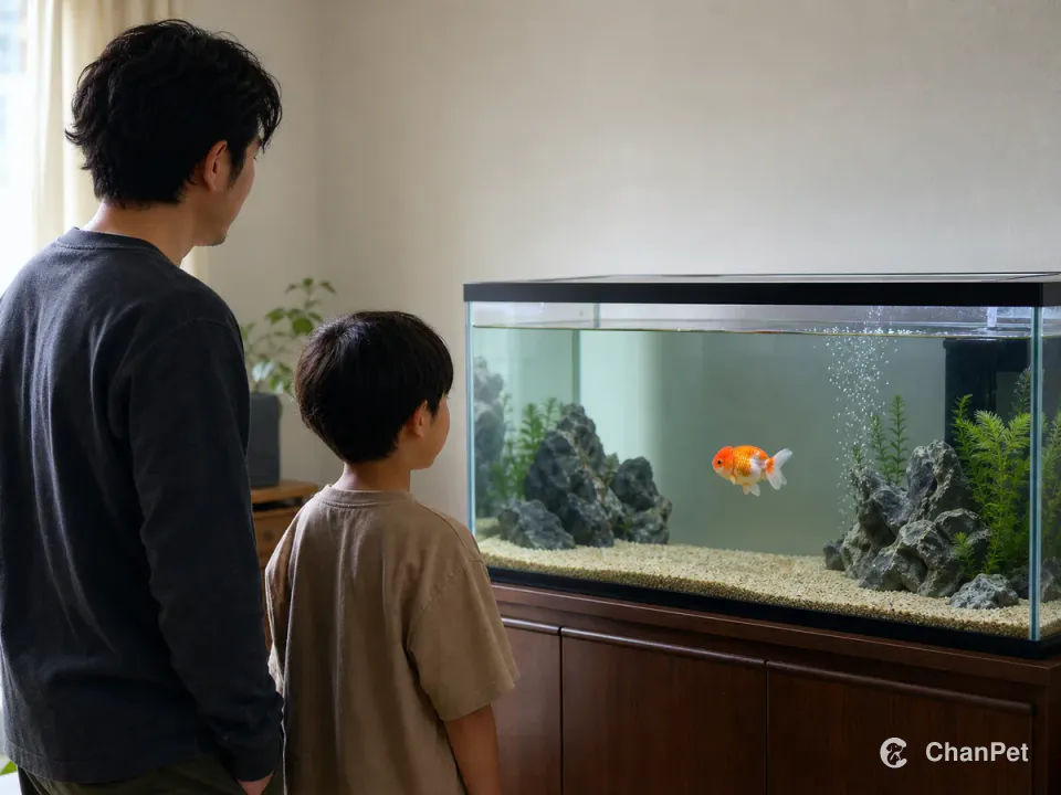 An adult and child standing outside an intact aquarium and calmly watching a ranchu goldfish