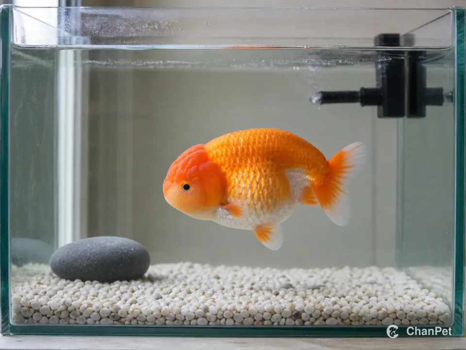 An orange and white Ranchu goldfish with no dorsal fin swims in a clean glass aquarium with pale gravel and a water outlet