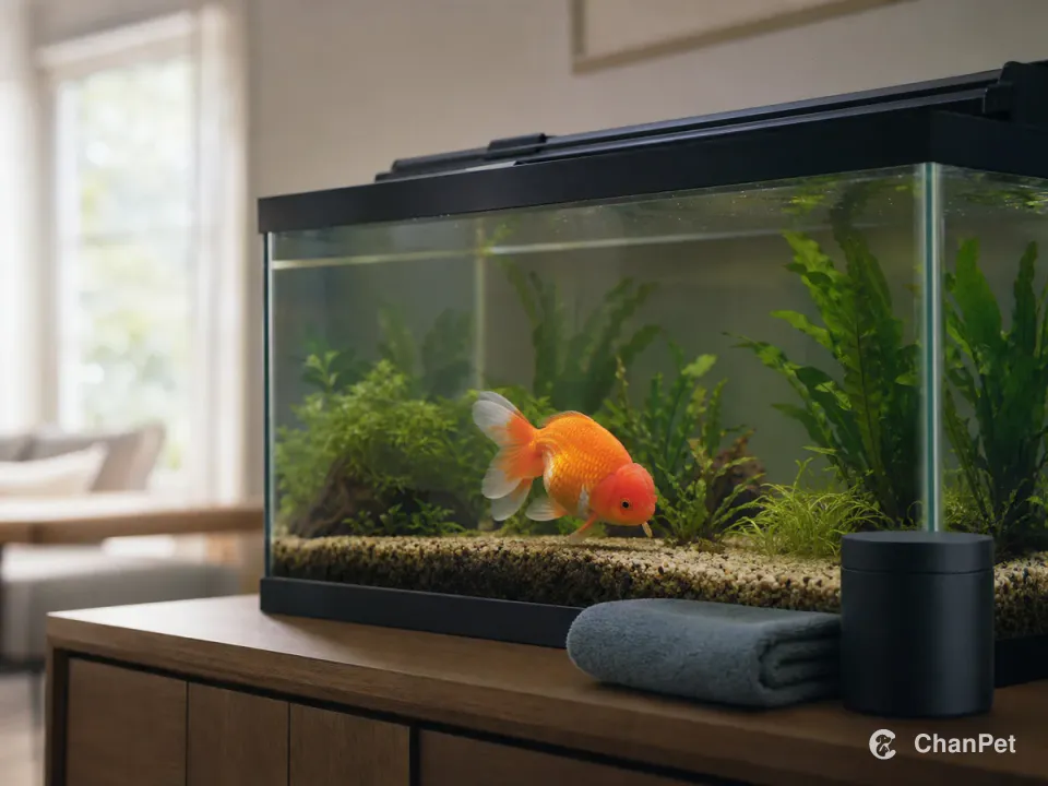 A ranchu swimming in an intact aquarium with everyday care supplies arranged outside the tank