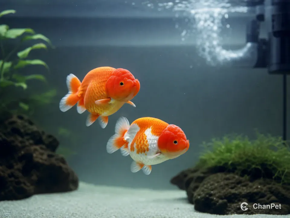 A ranchu swimming in an intact aquarium with filtration equipment, a bucket and a folded towel outside the tank