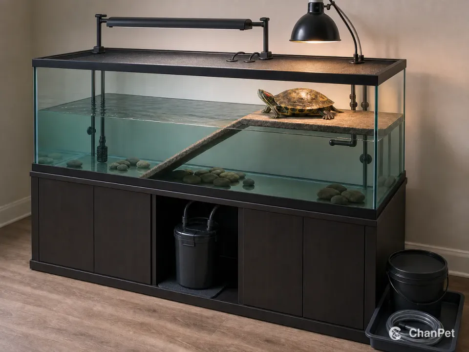 A large red-eared slider aquarium rests on a floor-standing cabinet, with the turtle on a dry dock, a canister filter below, and water-change gear beside it