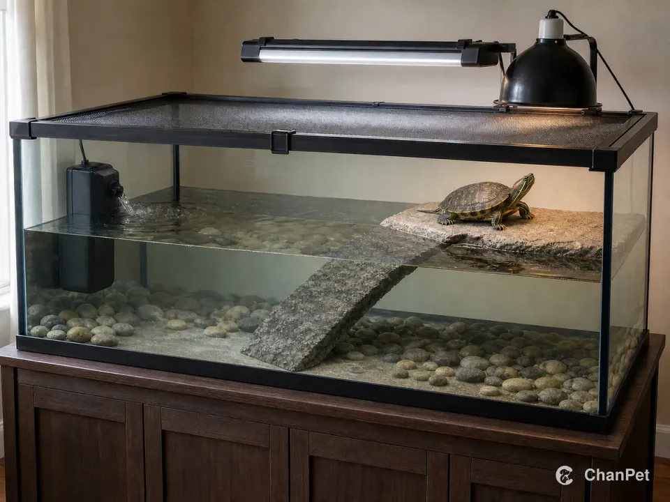 An adult red-eared slider stands on the dry platform at the right side of a large glass aquatic habitat, with its red ear patch visible. A continuous ramp rises from deep water to the platform, a plain filter creates a return ripple at the left, and a heat lamp and linear UVB fixture sit above the closed mesh lid.