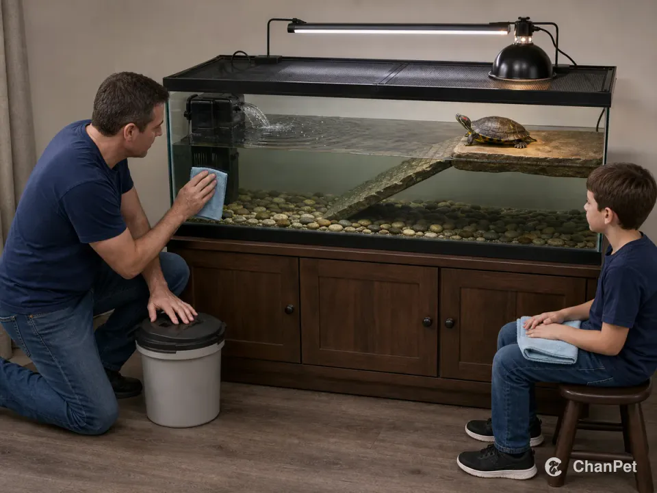 An adult kneels outside a closed aquatic turtle habitat, wiping the exterior glass with one hand and steadying a lidded cleaning bucket with the other. A school-age child sits an arm's length away, holding a spare dry towel on their lap and watching quietly. The red-eared slider basks independently above a visible ramp, filter return, closed mesh lid, heat lamp and linear UVB fixture.