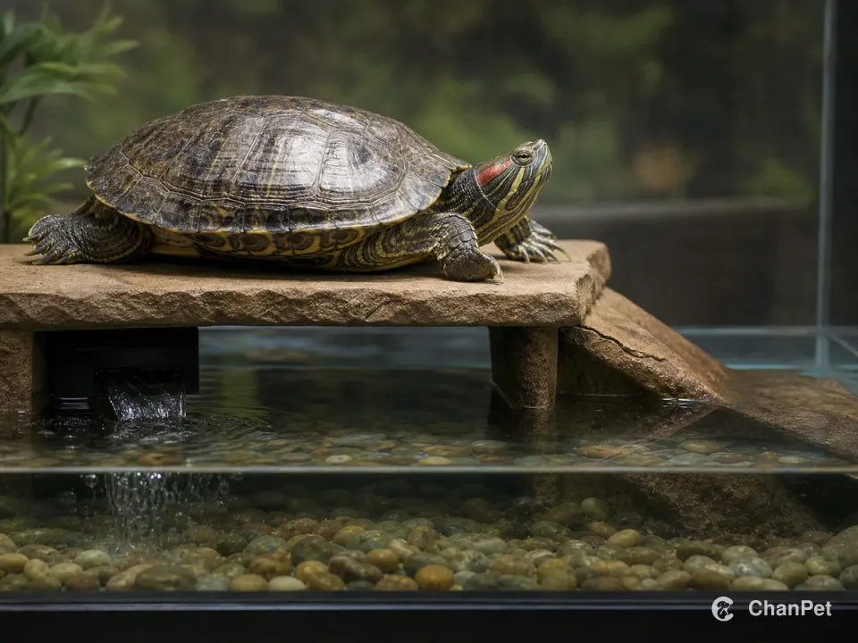 一只红耳龟停在水族箱的晒背台上，下方有过滤出水口和缓坡