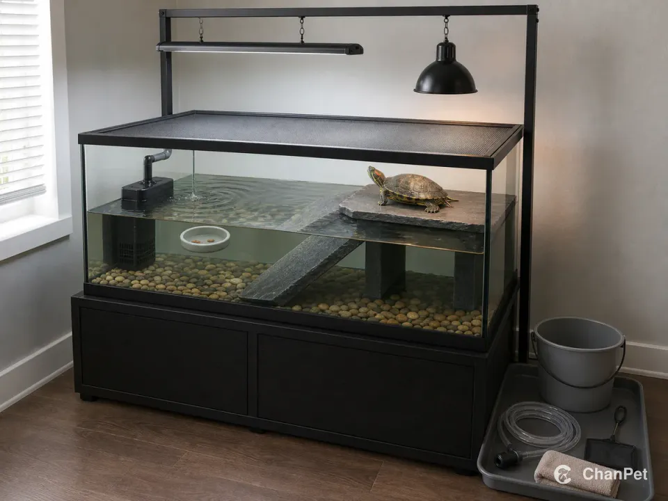 A red-eared slider rests on a fully dry dock reached by a ramp, with a gentle internal filter flow and an exterior tray holding a bucket, siphon, net, and towel
