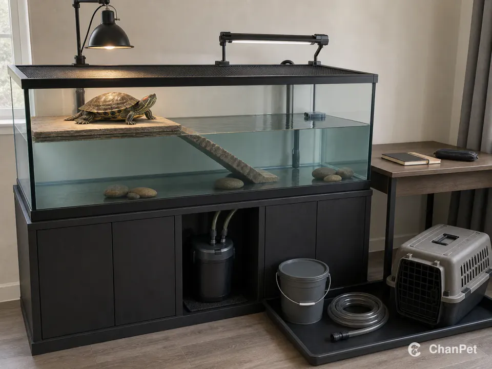 A large red-eared slider tank runs beside a blank study desk, with the turtle on a dry dock, a filter below, and water-change gear and a latched carrier ready