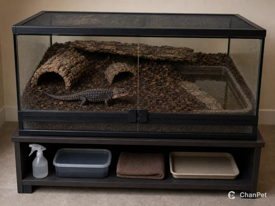 A red-eyed crocodile skink stands inside a locked terrarium with moist substrate, shallow water, cover, and visible ventilation