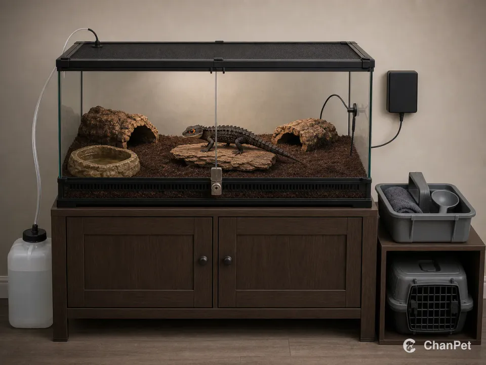 A red-eyed crocodile skink stands inside a locked glass terrarium with moist substrate, water, ventilation, misting storage, cleaning supplies and a travel carrier