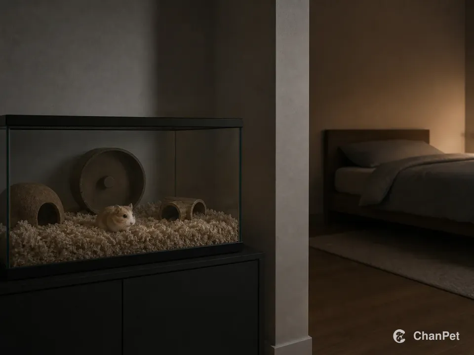 A Roborovski hamster in a closed habitat on a stable cabinet, set away from a bed across the room