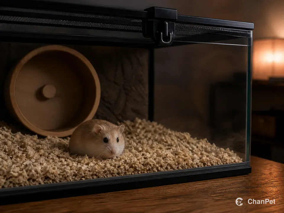 A Roborovski hamster in a closed glass habitat with a visible latch, solid wheel and deep paper bedding