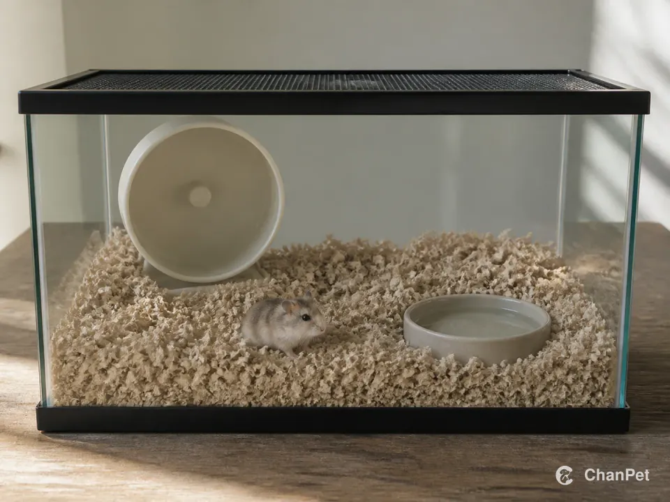 A Roborovski hamster in a glass habitat with deep paper bedding, a solid wheel and a shallow water dish