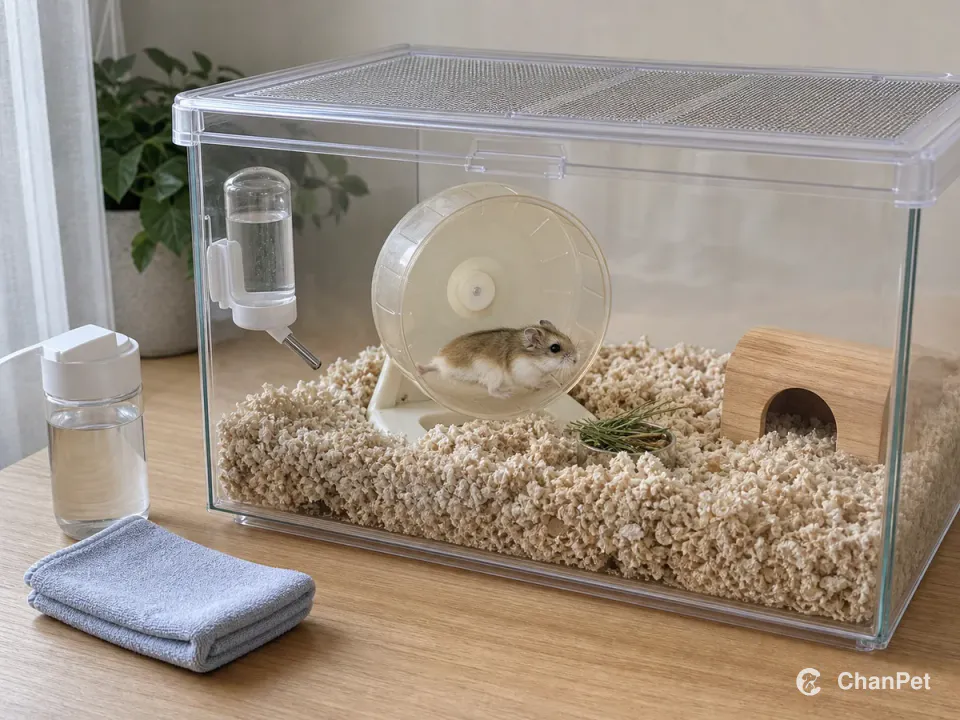A Roborovski hamster moving in a closed clear enclosure with deep bedding, a wheel and a hide
