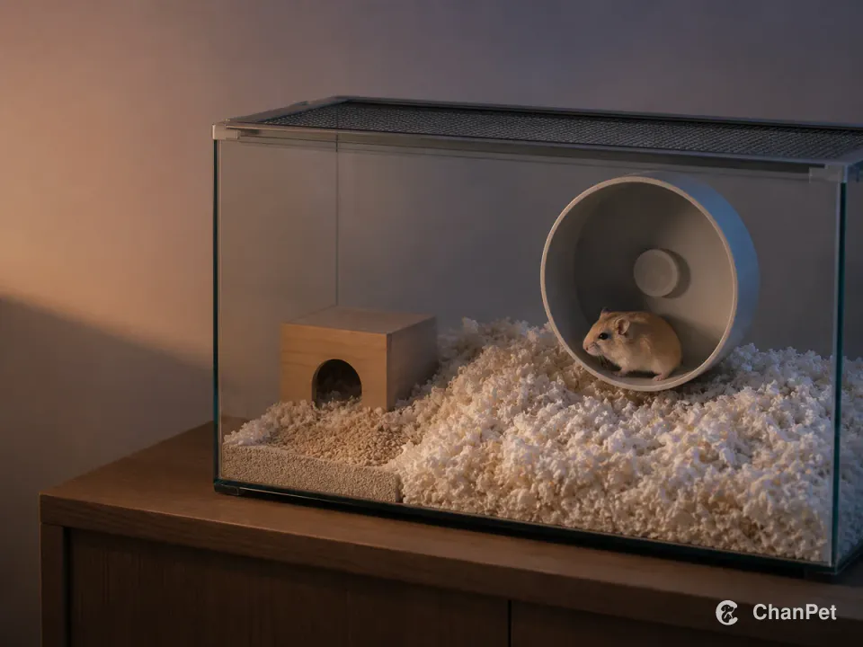 A sandy Roborovski dwarf hamster paused in a running wheel inside a closed habitat with deep paper bedding and a wooden hide.