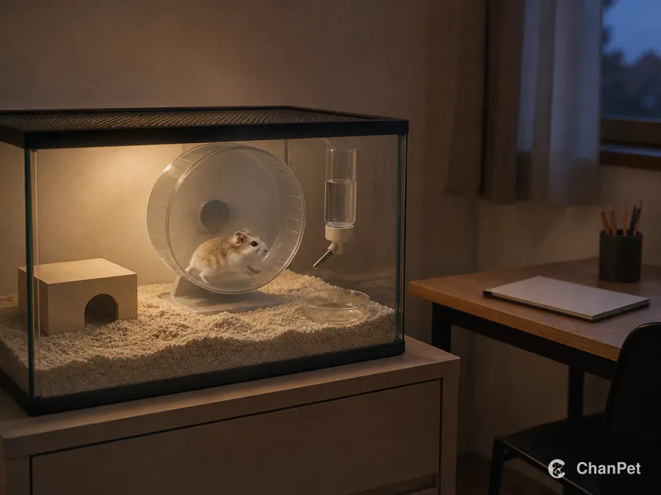 A Roborovski hamster runs inside a closed habitat beside a tidy desk with a blank notebook