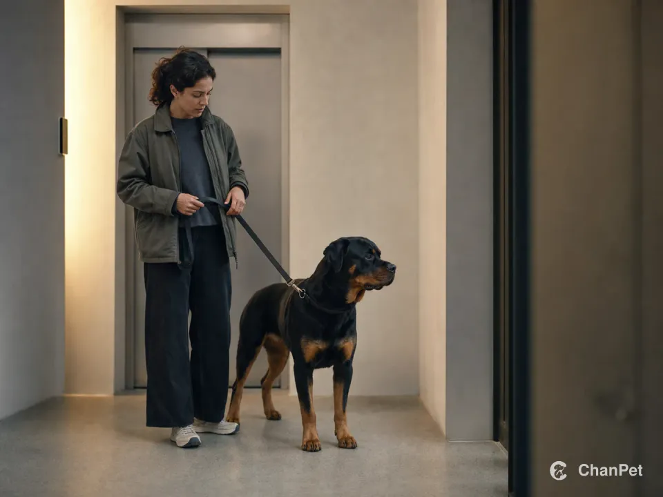 A caregiver and Rottweiler pausing quietly in an unmarked apartment elevator lobby