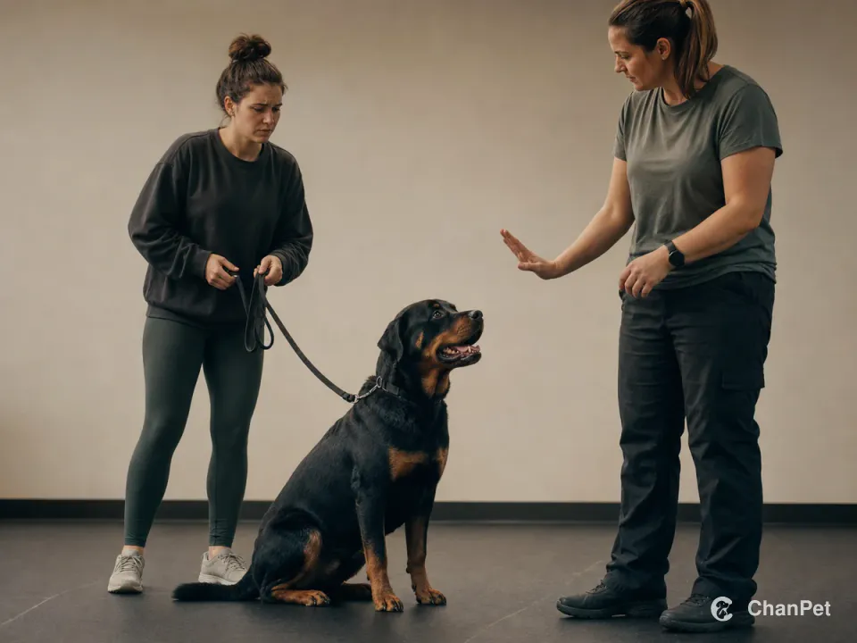 A new Rottweiler caregiver practicing a relaxed leash with a professional nearby
