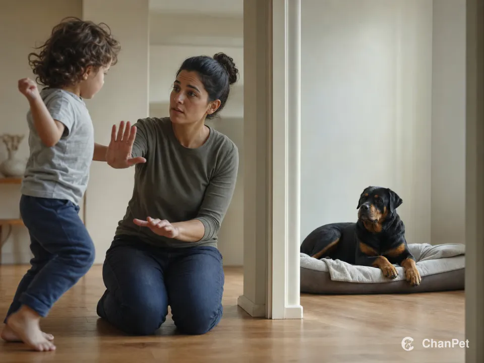 An adult gently pausing an eager child while a Rottweiler rests in a separate quiet area