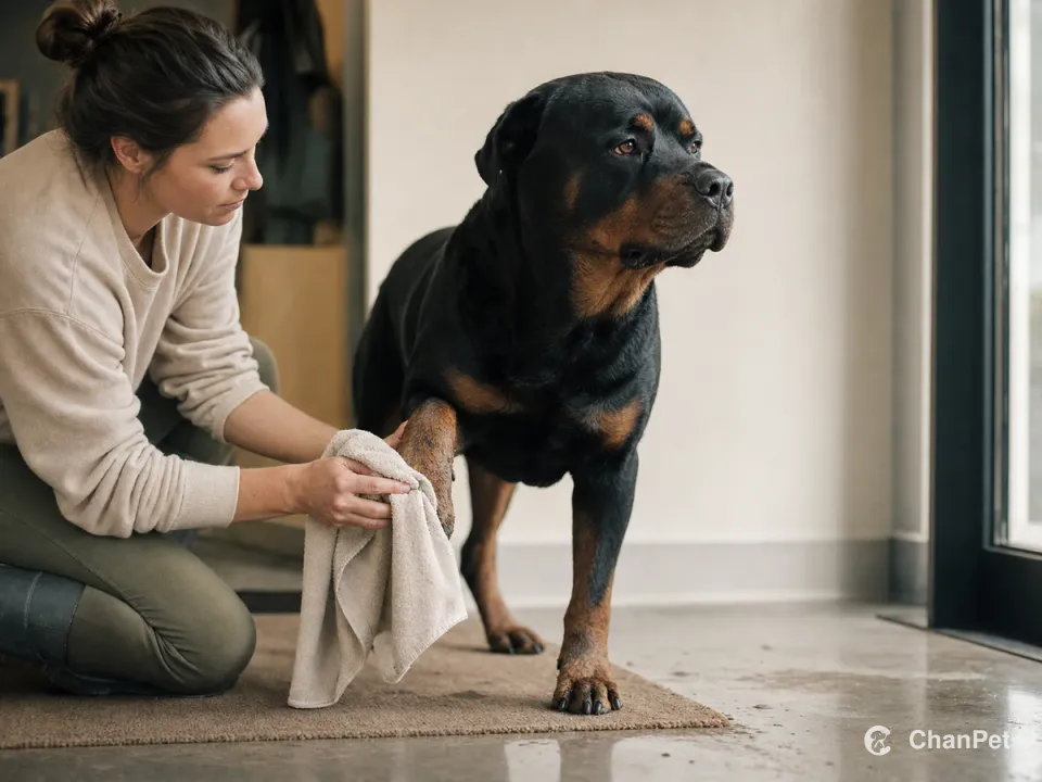 A caregiver patiently wiping a Rottweiler’s muddy paw at an unmarked entryway