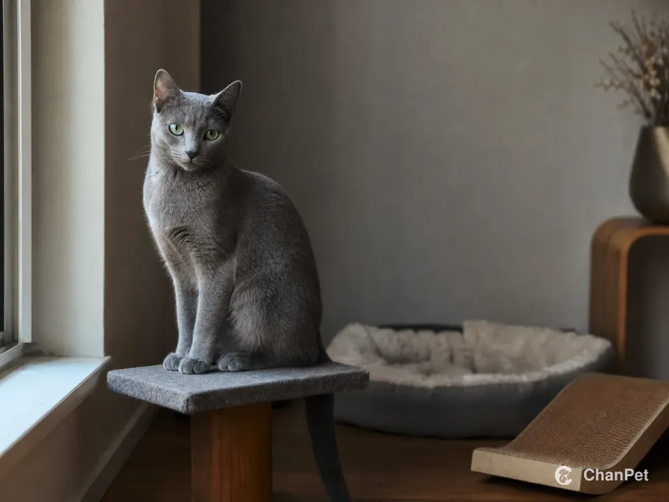 一只蓝灰色俄罗斯蓝猫坐在公寓窗边的低猫台上,旁边有休息窝和抓板