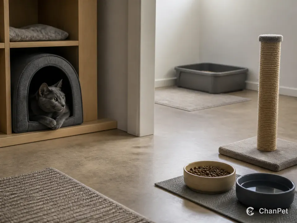 一只俄罗斯蓝猫在安静房间的藏身处休息，猫砂盆、食物和水分开摆放。
