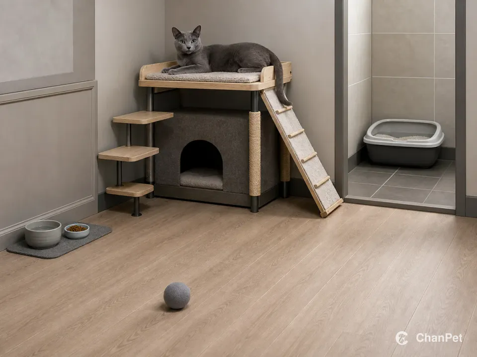 A blue-gray Russian Blue rests on an elevated platform with a sheltered cubby and two descent routes, while food and litter areas remain separate nearby.