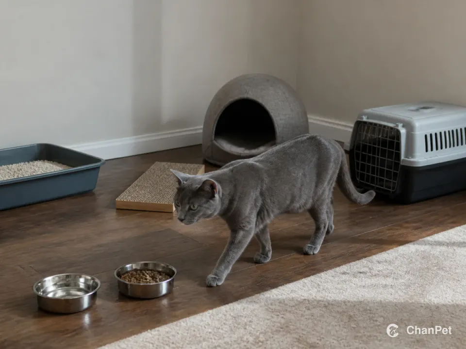 A Russian Blue moves through a simple care corner with unbranded litter, food, water, scratching, resting, and carrier essentials.