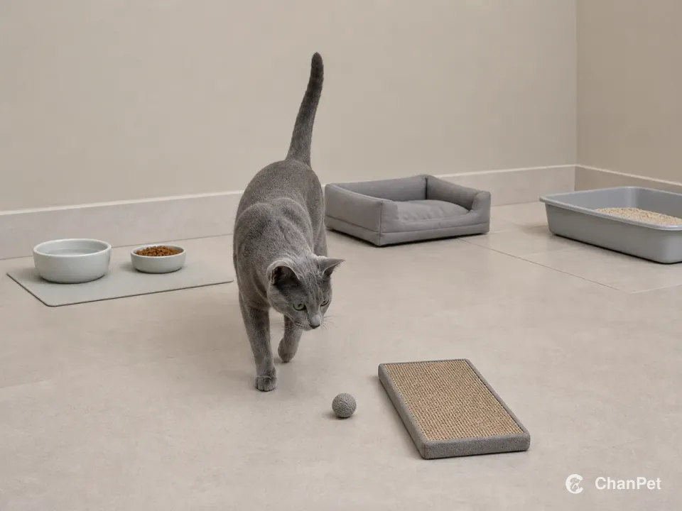 A blue-gray short-coated Russian Blue walks toward a small fabric ball while food, water, litter, scratching and resting areas remain clearly separate.