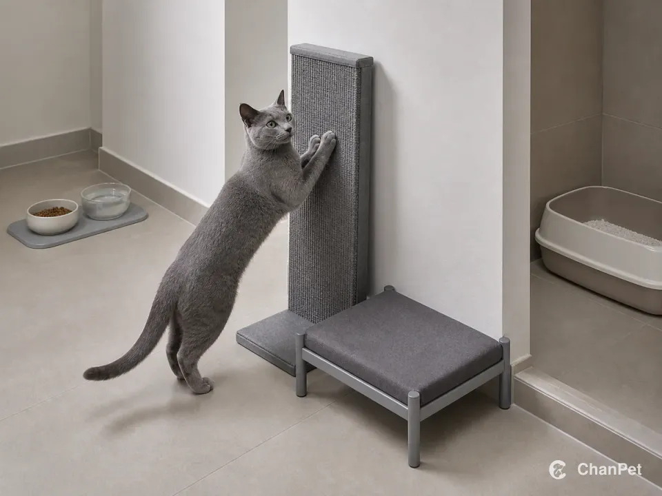 A blue-gray Russian Blue stretches its paws on a vertical scratcher beside a washable resting platform, with food and litter in separate zones.