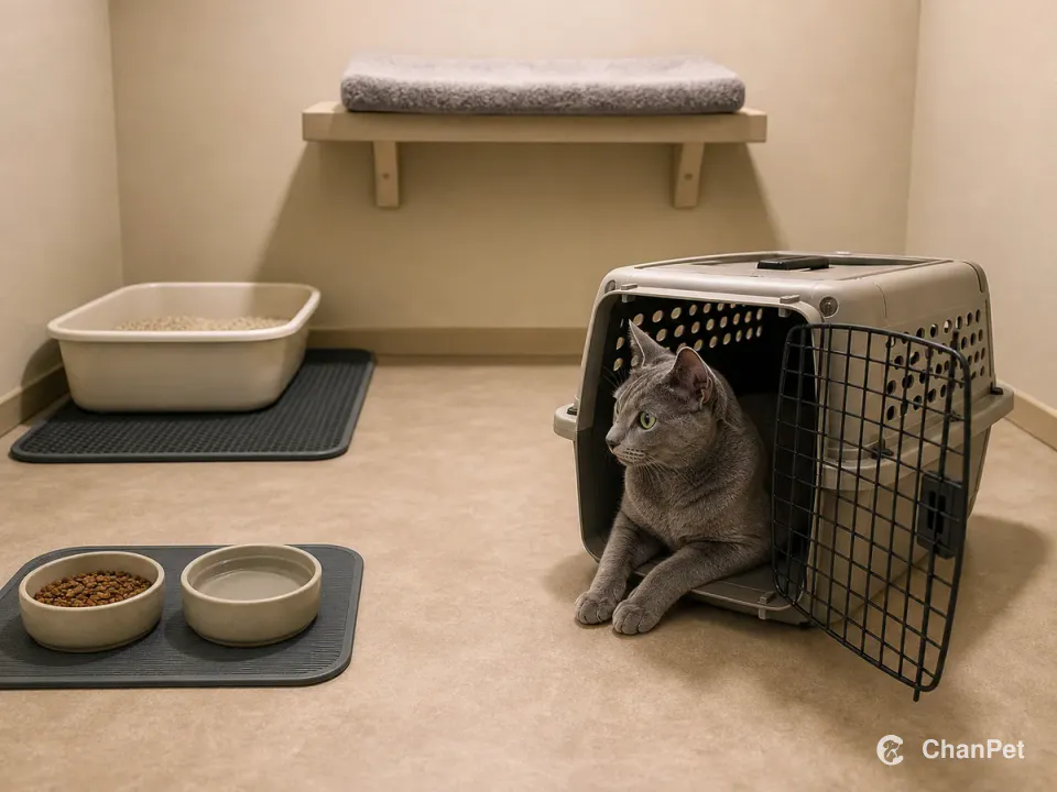 一只俄罗斯蓝猫从完全打开的运输箱中安静探身，旁边有分开的猫砂、食物饮水和高处休息位。
