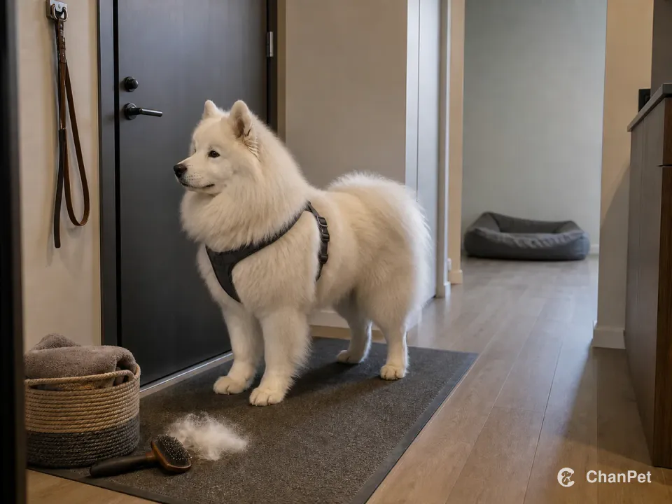 An adult Samoyed in a plain harness stands calmly inside a closed apartment door, with a towel basket, grooming brush, washable mat, and a clear route to a distant dog bed.
