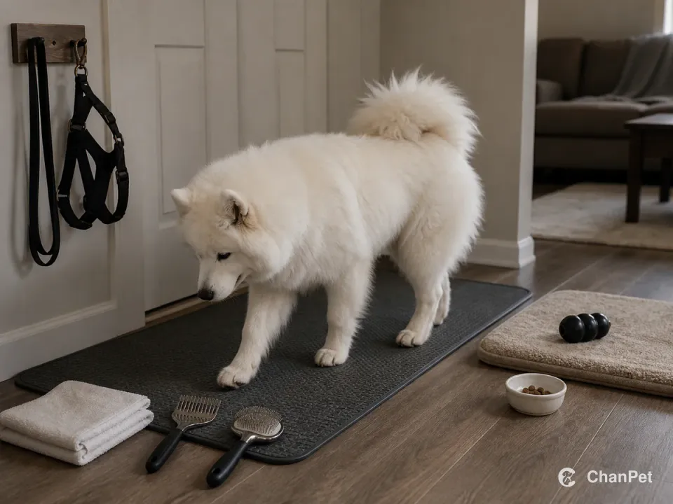 An adult Samoyed steps onto a nonslip care mat after a walk, with the harness and leash already hung up, a towel, undercoat rake and pin brush at the mat edge, and a safe chew on a quiet settling mat beside a small dish holding a few training rewards.