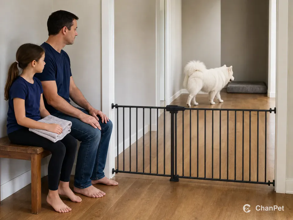 An adult and a school-age child holding a folded paw towel sit back from a closed safety gate in the family area, while an adult Samoyed turns away on the other side and follows an unobstructed hallway toward a quiet rest mat.