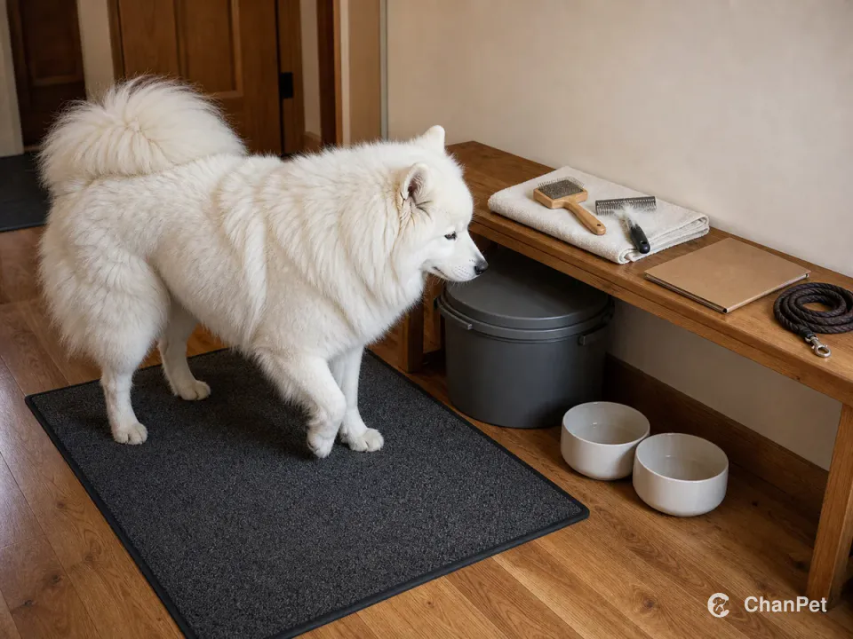 An adult Samoyed steps onto a nonslip care mat beside a plain food canister and bowls, coat tools holding a little undercoat, a blank health-record wallet, and a coiled leash.