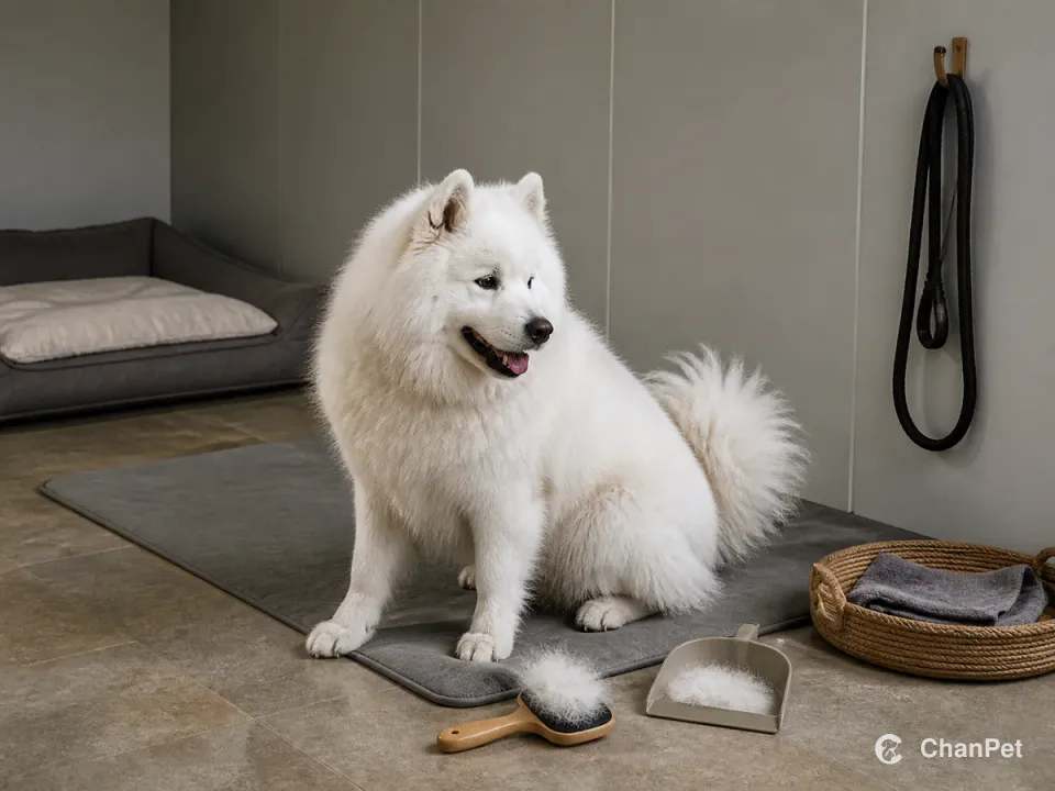 An adult Samoyed sits calmly on a washable care mat beside a brush, a small amount of undercoat, a dustpan, and a paw towel, with a covered bed nearby.