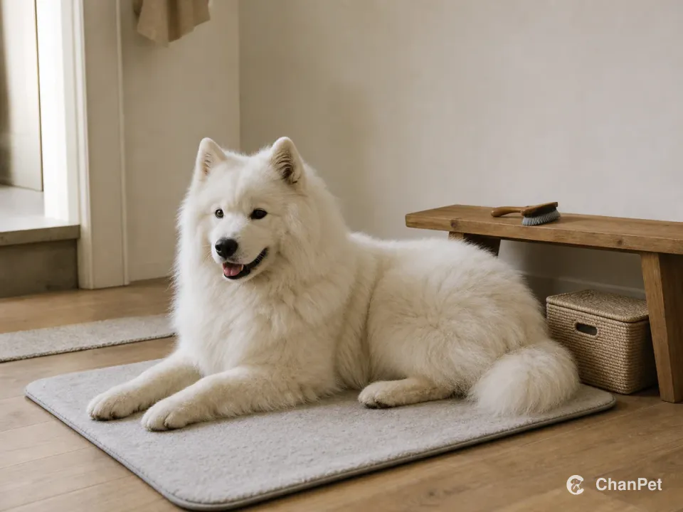A white Samoyed resting on a washable mat beside a low bench, a plain brush, and a covered basket.