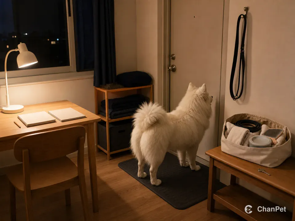 At night in a modest student room, a Samoyed stands on a fixed entry mat beside the daily leash and a care tote packed with a spare leash, towels, brush, and food container.