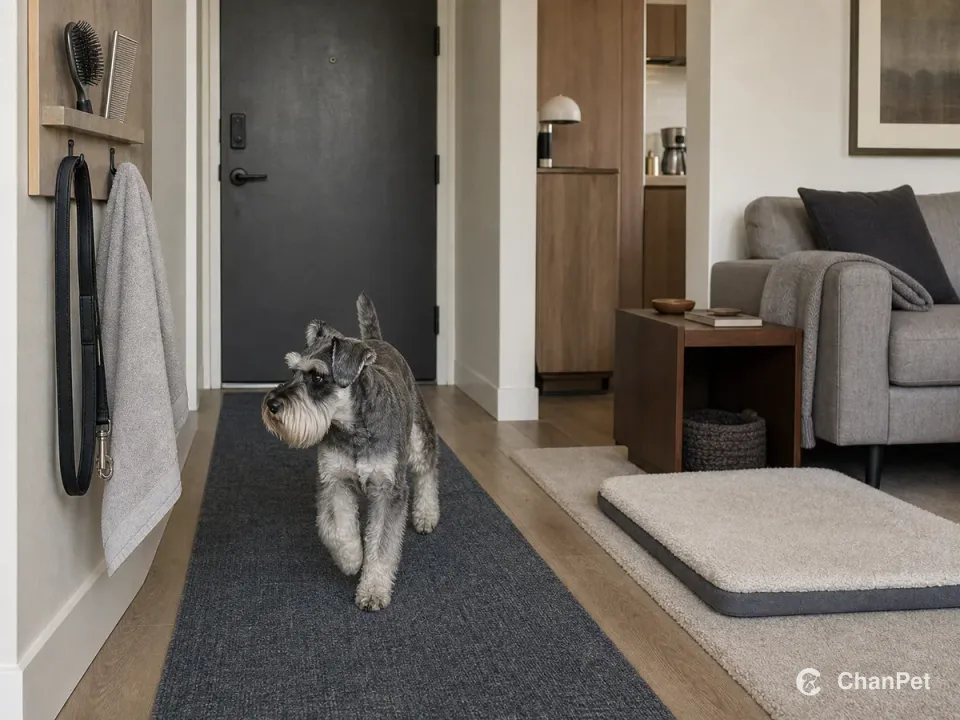A Miniature Schnauzer walks from a closed apartment door along an entry runner toward a rest mat, with a leash, towel, brush, and comb stored by the door.