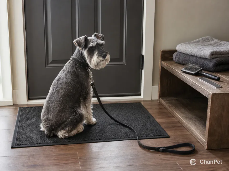 A salt-and-pepper Miniature Schnauzer sits on a nonslip mat by a closed entry door with a loose leash, towels, a brush, and a comb nearby.