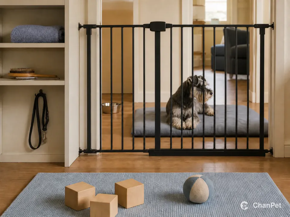 A Miniature Schnauzer rests behind a fully closed safety gate, with a child activity mat outside and a leash, towels, and grooming tools stored at adult height.