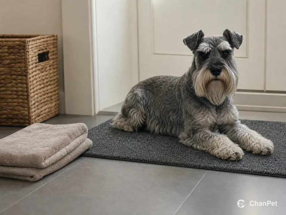 A salt-and-pepper Miniature Schnauzer rests on an entry mat beside a folded towel and an unlabelled storage basket.