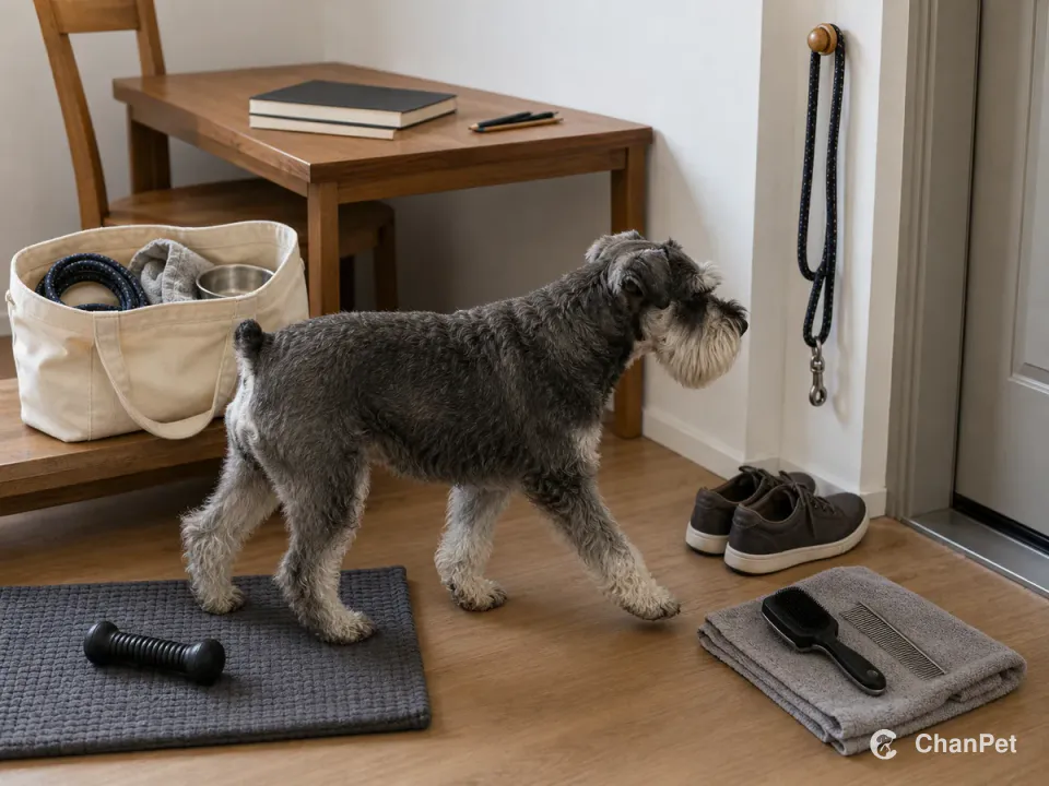 An adult salt-and-pepper Miniature Schnauzer walks from a settling mat toward the entry, with the daily leash on a wall peg, brush and metal comb on a towel, and a backup canvas tote holding a second leash, cloth and metal bowl beside a desk with closed blank notebooks.