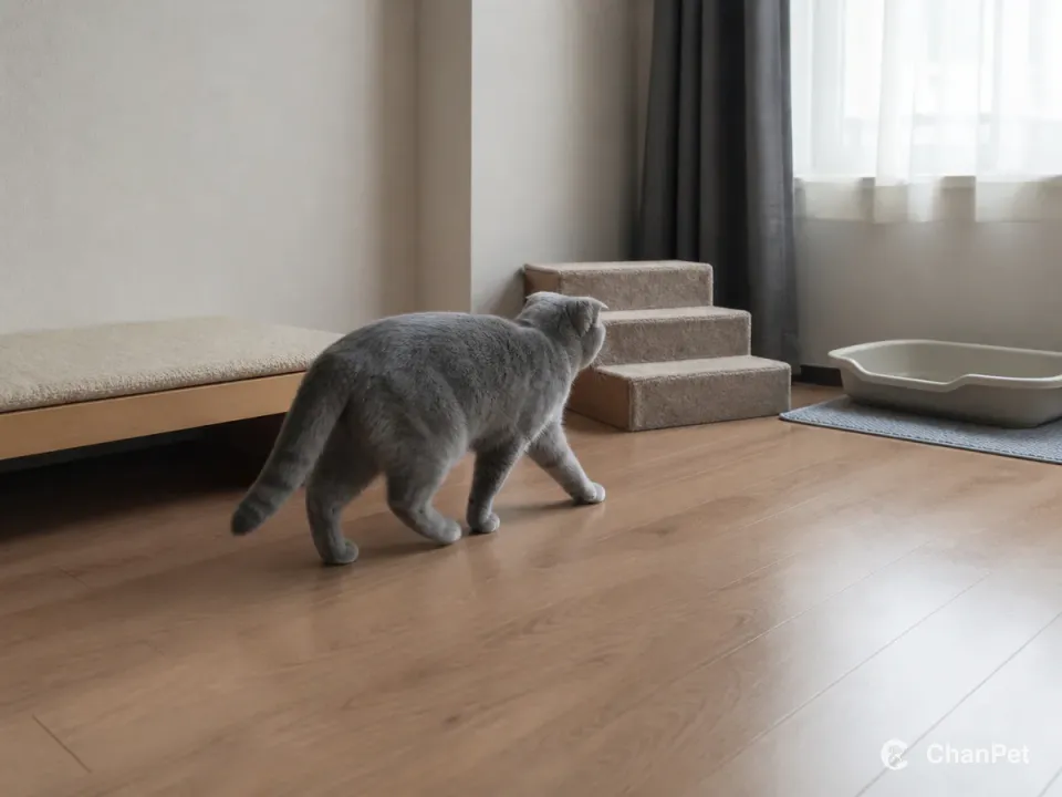 一只苏格兰折耳猫在紧凑住宅内的低位平台、短踏步和浅入口猫砂之间自然行走。