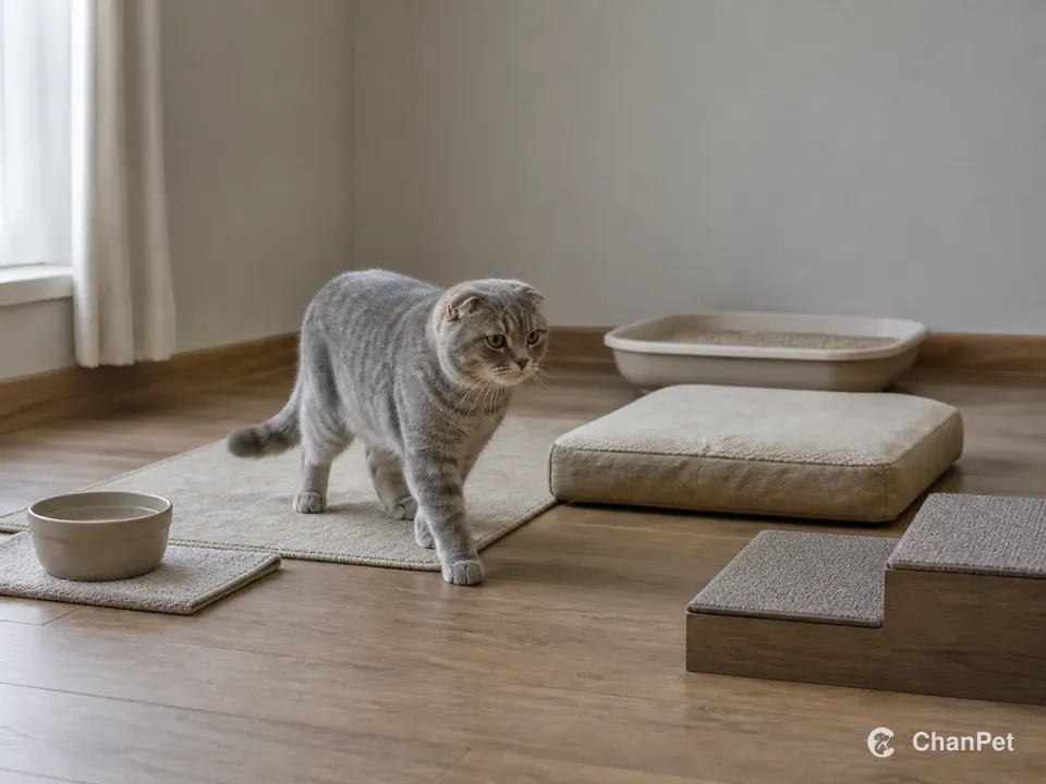 A Scottish Fold walks along a low indoor route with a resting cushion, a shallow-entry litter tray and a short broad step.